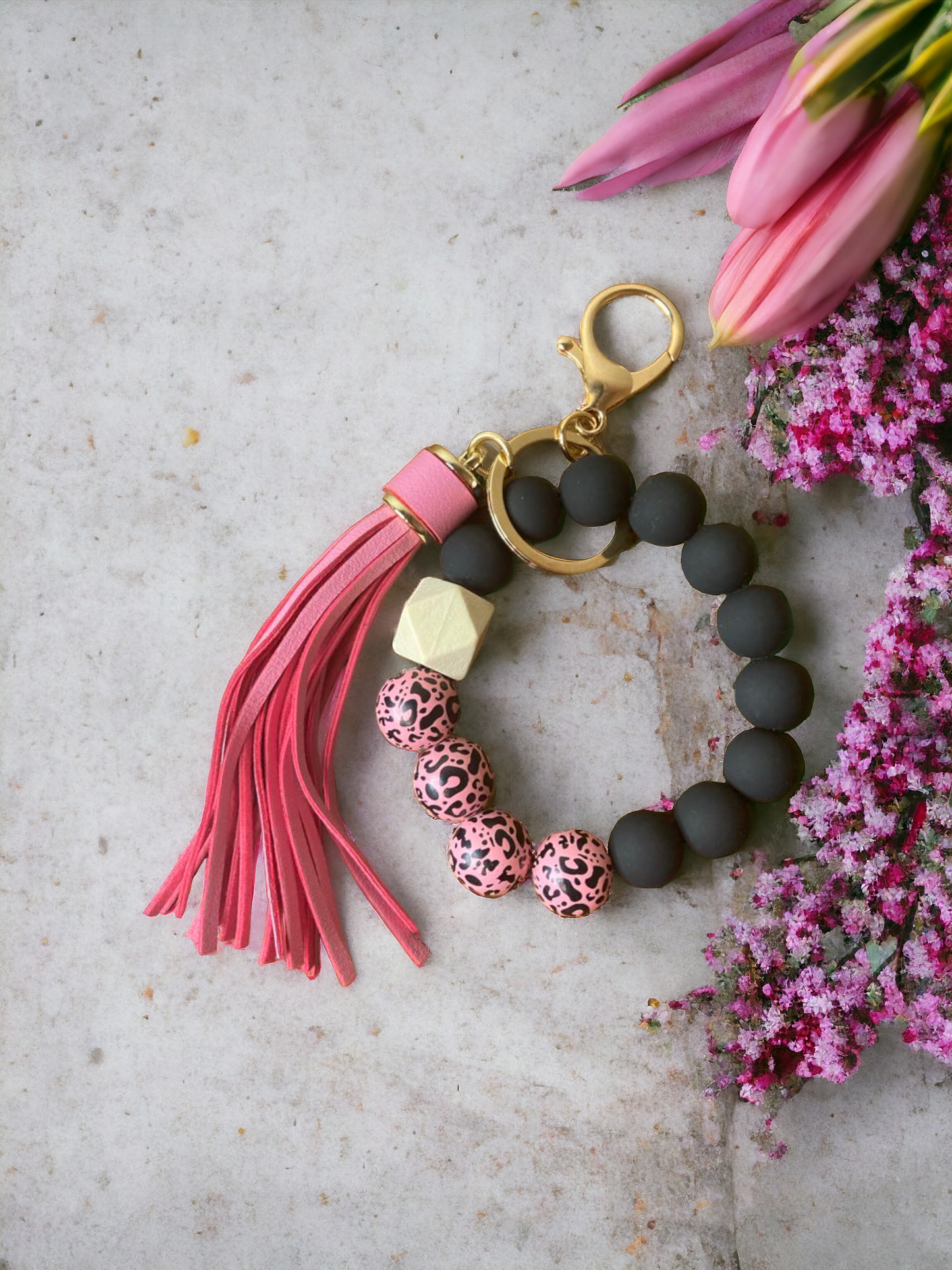 Pink and black leopard keychain